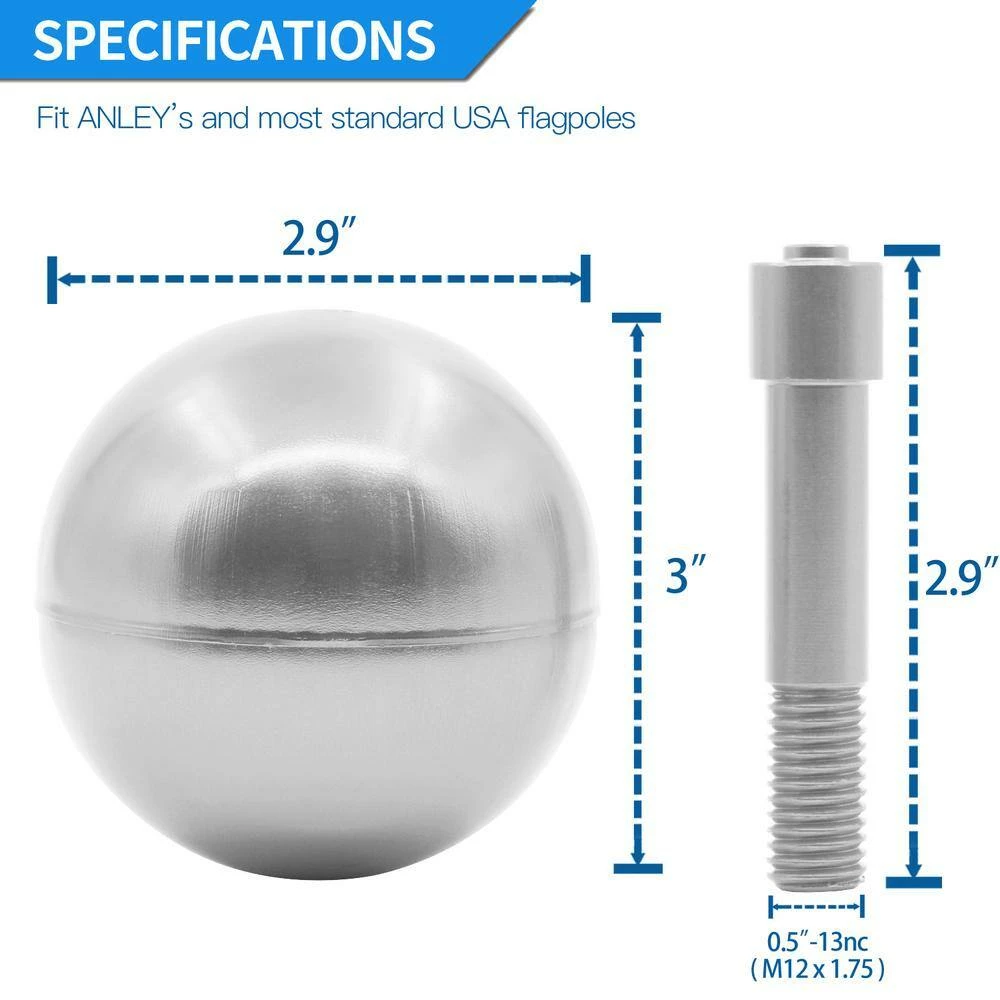 ANLEY 3 in. Flagpole Ball Topper Ornament - Silver Anodized Aluminum Finish 5 ANLEY 3 in. Flagpole Ball Topper Ornament - Silver Anodized Aluminum Finish - Image 3