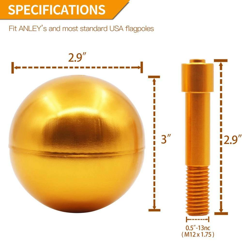 ANLEY 3 in. Authentic Flagpole Ball Top Ornament Replacement - Gold Anodized Aluminum Finish 6 ANLEY 3 in. Authentic Flagpole Ball Top Ornament Replacement - Gold Anodized Aluminum Finish - Image 4