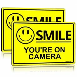 ANLEY 7 in. x 10 in. Smile You're on Camera Sign - - Video Surveillance Security Metal Warning Sign (2-Pack)