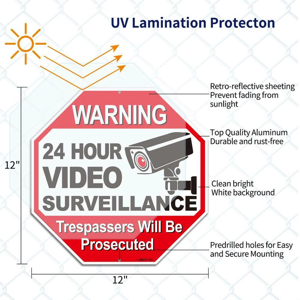 ANLEY 12 in. x 12 in. 24-Hour Video Surveillance Aluminum Warning Sign - Trespassers Will Be Prosecuted 7 ANLEY 12 in. x 12 in. 24-Hour Video Surveillance Aluminum Warning Sign - Trespassers Will Be Prosecuted - Image 5