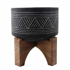 Flora Bunda 7 in. Black Mountain Cement Pot with Wood Stand Mid-Century Planter