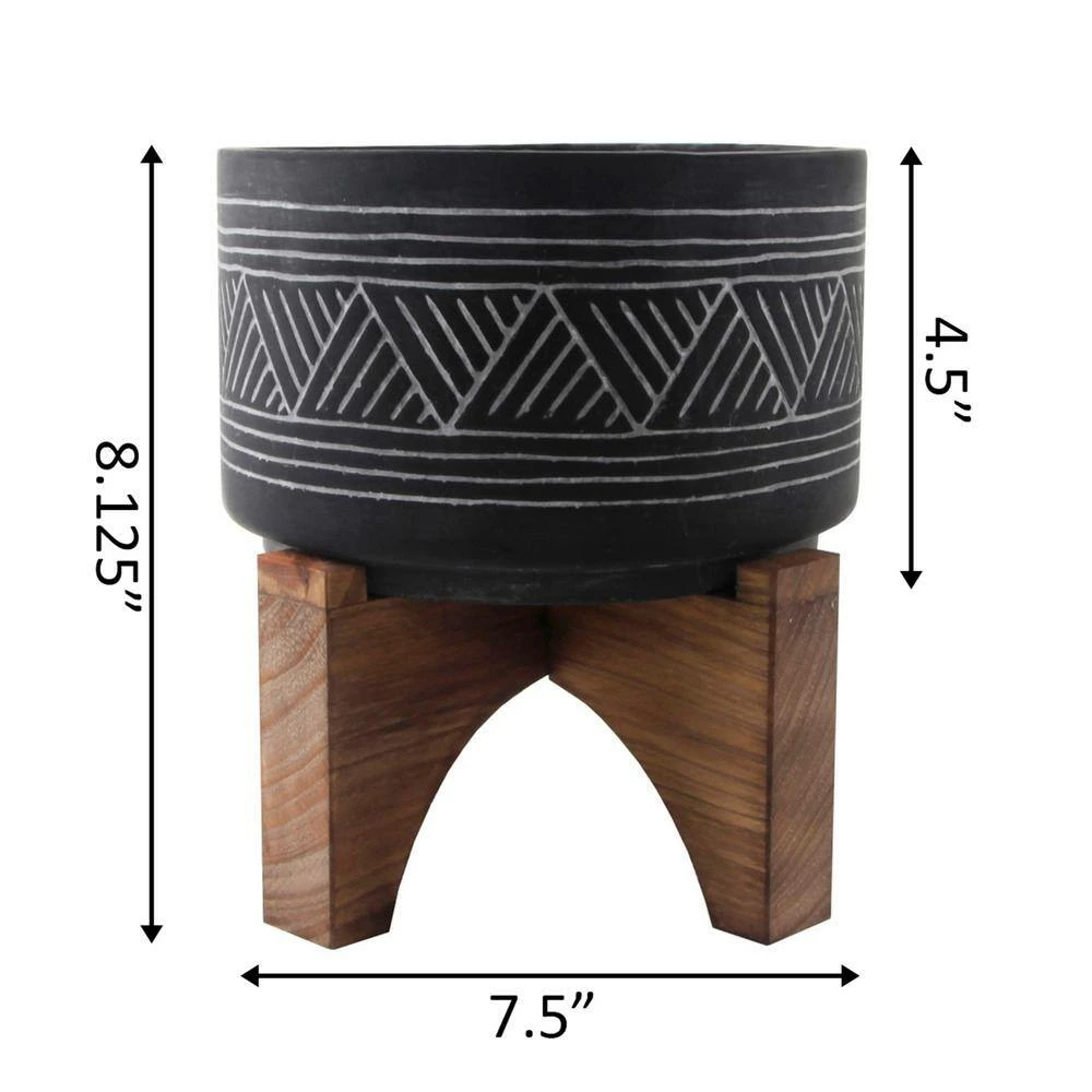 Flora Bunda 7 in. Black Mountain Cement Pot with Wood Stand Mid-Century Planter 5 Flora Bunda 7 in. Black Mountain Cement Pot with Wood Stand Mid-Century Planter - Image 3