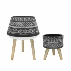 Flora Bunda 18 in. and 10 in. Black Tribal Fiberglass Plant Pot on Wood Stand Mid-Century Planter (Set of 2)