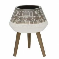 Flora Bunda Mid-Century 18 in. Fiberglass Pot with Wood Stand Planter