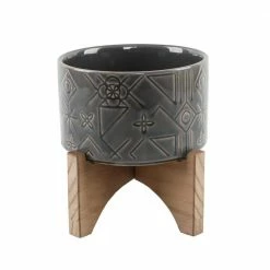 Flora Bunda 5 in. Glass Charcoal Black Pinwheel Ceramic Planter on Wood Stand Mid-Century Planter