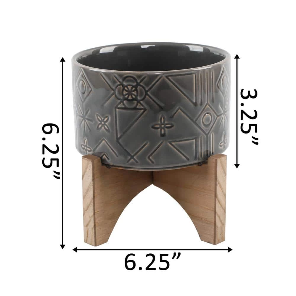 Flora Bunda 5 in. Glass Charcoal Black Pinwheel Ceramic Planter on Wood Stand Mid-Century Planter 4 Flora Bunda 5 in. Glass Charcoal Black Pinwheel Ceramic Planter on Wood Stand Mid-Century Planter - Image 2