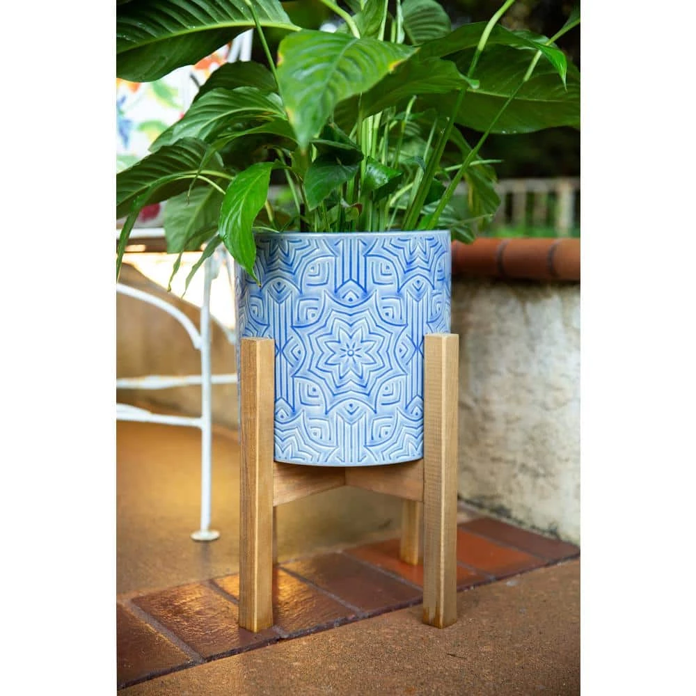 Flora Bunda 10 in. x 8 in. Star Ceramic Planter on Wood Stand, (Set of 2) 6 Flora Bunda 10 in. x 8 in. Star Ceramic Planter on Wood Stand, (Set of 2) - Image 4