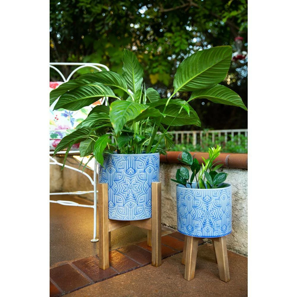Flora Bunda 10 in. x 8 in. Star Ceramic Planter on Wood Stand, (Set of 2) 8 Flora Bunda 10 in. x 8 in. Star Ceramic Planter on Wood Stand, (Set of 2) - Image 6