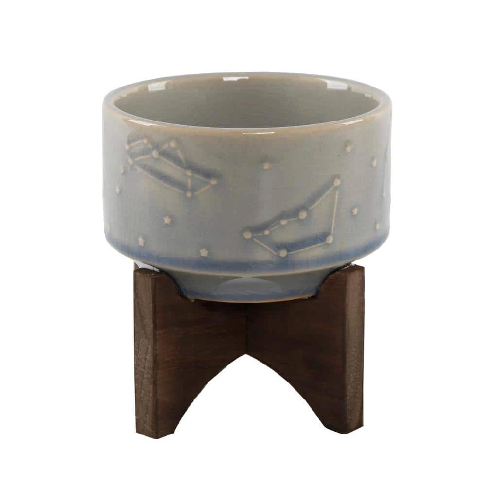 Flora Bunda 4 in. Glass Blue Ceramic Constellation Pot on Wood Stand Mid-Century Planter 3 Flora Bunda 4 in. Glass Blue Ceramic Constellation Pot on Wood Stand Mid-Century Planter