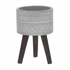 Flora Bunda 10 in. Gray Tribal Fiberglass Planter on Wood Stand