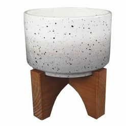 Flora Bunda 7 in. Grey Ombre W Specks Ceramic Pot on Wood Stand Mid-Century Planter