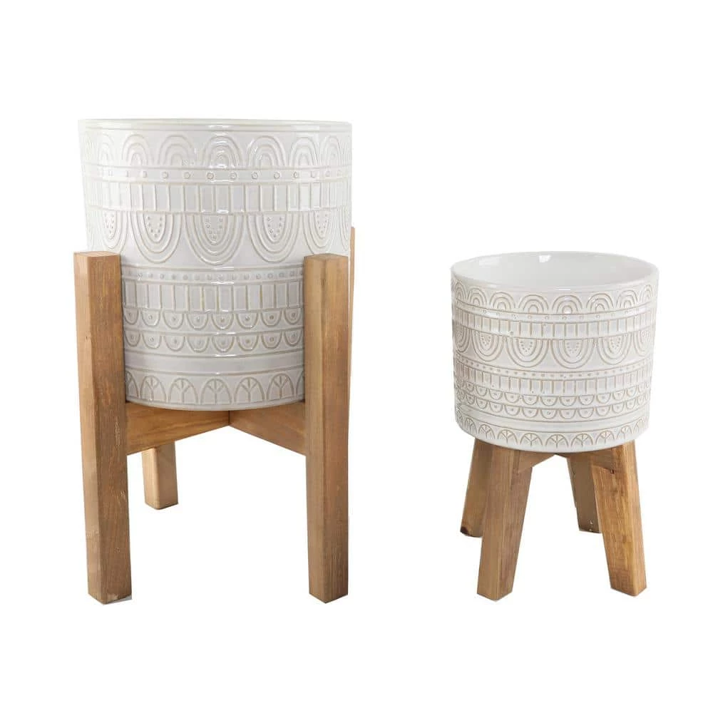 Flora Bunda 10 in. and 8 in. Ivory White Aqueduct Ceramic Plant Pot on Wood Stand Mid Century Planter (Set of 2) 3 Flora Bunda 10 in. and 8 in. Ivory White Aqueduct Ceramic Plant Pot on Wood Stand Mid Century Planter (Set of 2)