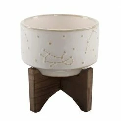 Flora Bunda 4 in. Ivory Ceramic Constellation Pot on Wood Stand Mid-Century Planter