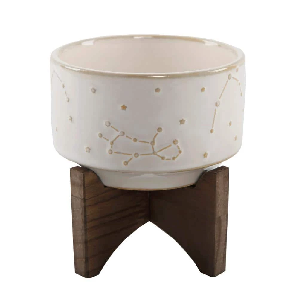 Flora Bunda 4 in. Ivory Ceramic Constellation Pot on Wood Stand Mid-Century Planter 3 Flora Bunda 4 in. Ivory Ceramic Constellation Pot on Wood Stand Mid-Century Planter