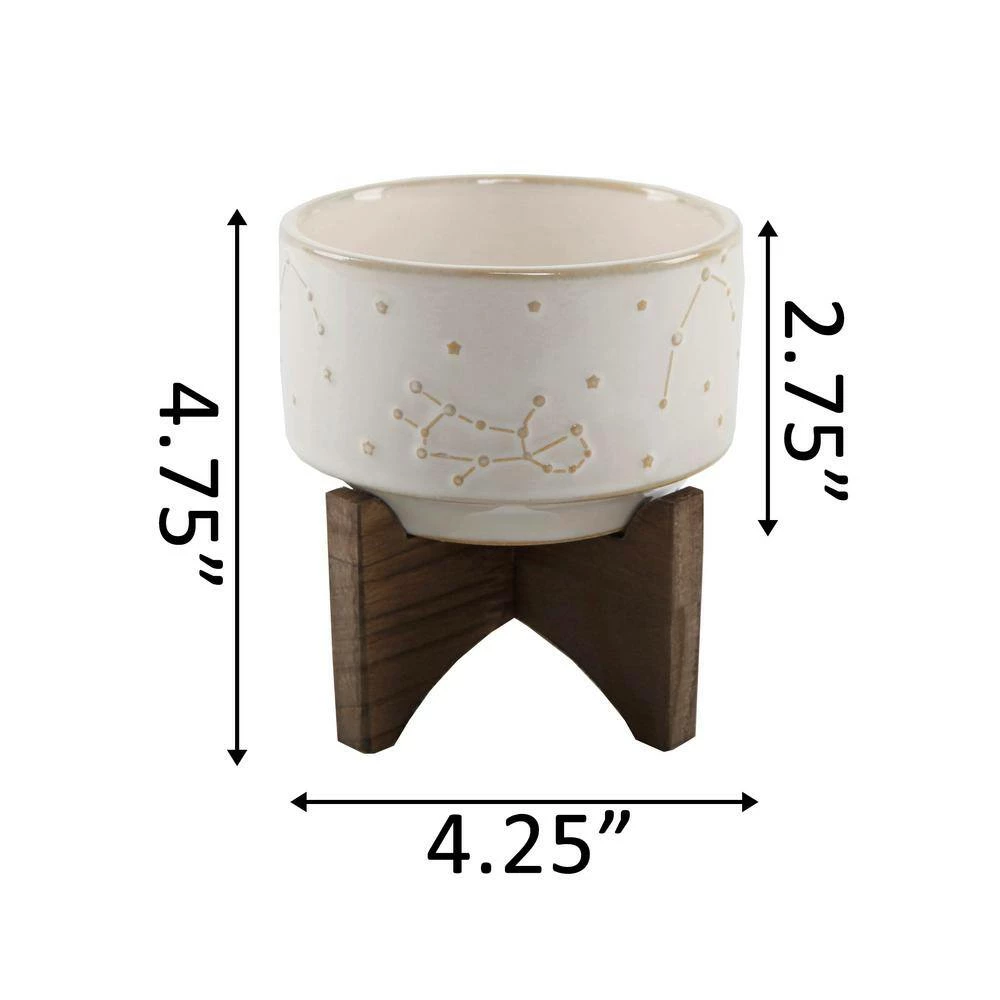 Flora Bunda 4 in. Ivory Ceramic Constellation Pot on Wood Stand Mid-Century Planter 4 Flora Bunda 4 in. Ivory Ceramic Constellation Pot on Wood Stand Mid-Century Planter - Image 2