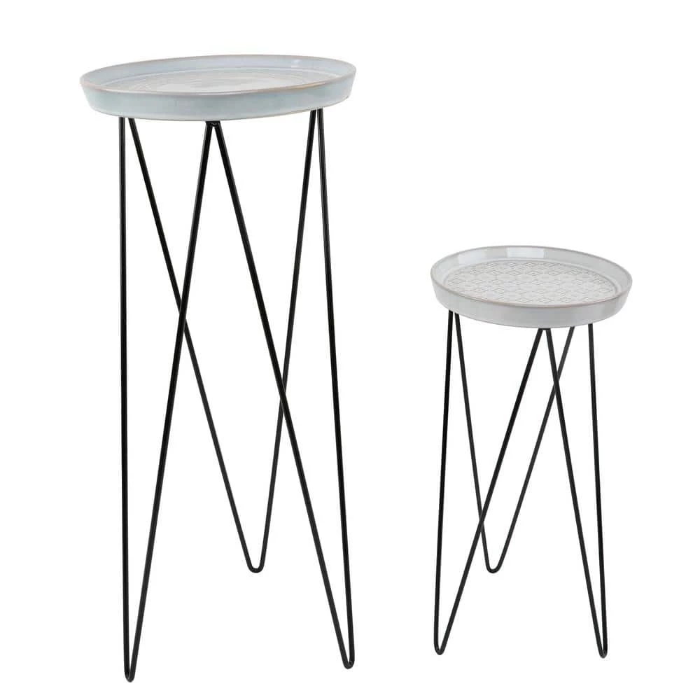 Flora Bunda 10 in. and 8 in. Ivory/Glazed Mayan Ceramic on Metal Plant Stand (Set of 2) 3 Flora Bunda 10 in. and 8 in. Ivory/Glazed Mayan Ceramic on Metal Plant Stand (Set of 2)