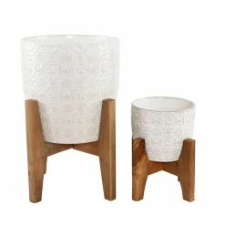 Flora Bunda 10 in. and 6.6 in. Ivory White Cathedral Ceramic Planter on Stand Mid-Century Planter(Set of 2)
