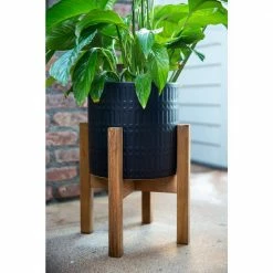 Flora Bunda 10 in. and 8 in. Matte Black Ceramic Roman Planter on Wood Stand Mid-Century Planter (Set of 2) -US Flora Bunda Sales 2022 matte black flora bunda plant pots ct740e2 mtbk 1f 1000