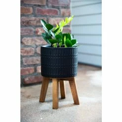 Flora Bunda 10 in. and 8 in. Matte Black Ceramic Roman Planter on Wood Stand Mid-Century Planter (Set of 2) -US Flora Bunda Sales 2022 matte black flora bunda plant pots ct740e2 mtbk 44 1000