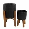 Flora Bunda 10 in. and 8 in. Matte Black Ceramic Roman Planter on Wood Stand Mid-Century Planter (Set of 2)