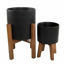 Flora Bunda 10 in. and 8 in. Matte Black Ceramic Roman Planter on Wood Stand Mid-Century Planter (Set of 2)