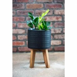 Flora Bunda 10 in. and 8 in. Matte Black Ceramic Roman Planter on Wood Stand Mid-Century Planter (Set of 2) -US Flora Bunda Sales 2022 matte black flora bunda plant pots ct740e2 mtbk 66 1000