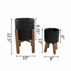 Flora Bunda 10 in. and 8 in. Matte Black Ceramic Roman Planter on Wood Stand Mid-Century Planter (Set of 2) -US Flora Bunda Sales 2022 matte black flora bunda plant pots ct740e2 mtbk c3 1000