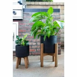Flora Bunda 10 in. and 8 in. Matte Black Ceramic Roman Planter on Wood Stand Mid-Century Planter (Set of 2) -US Flora Bunda Sales 2022 matte black flora bunda plant pots ct740e2 mtbk fa 1000