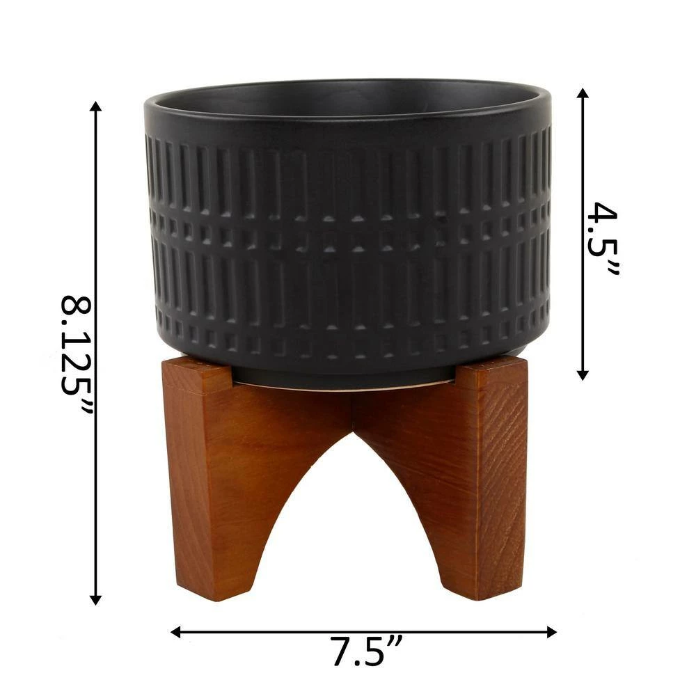 Flora Bunda 7 in. Matte Black Ceramic Roman with Wood Stand Mid-Century Planter 4 Flora Bunda 7 in. Matte Black Ceramic Roman with Wood Stand Mid-Century Planter - Image 2
