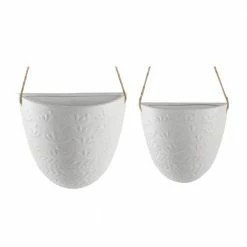 Flora Bunda 7.75 in. and 5.75 in. Matte White Wreath Ceramic Haning Wall Pocket Planter(Set of 2)