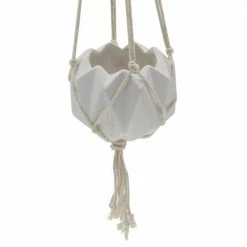 Flora Bunda 5 in. Matte White Ceramic Macrame Hanging Planter