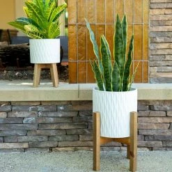 Flora Bunda 10 in. and 8 in. Matte White Ridge Ceramic Planter on Wood Stand Mid-Century Planter (Set of 2 ) -US Flora Bunda Sales 2022 matte white flora bunda plant pots ct1031e2 mtwh 44 1000
