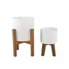 Flora Bunda 10 in. and 8 in. Matte White Ridge Ceramic Planter on Wood Stand Mid-Century Planter (Set of 2 )