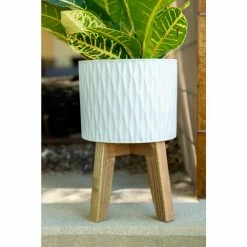 Flora Bunda 10 in. and 8 in. Matte White Ridge Ceramic Planter on Wood Stand Mid-Century Planter (Set of 2 ) -US Flora Bunda Sales 2022 matte white flora bunda plant pots ct1031e2 mtwh 76 1000