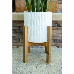 Flora Bunda 10 in. and 8 in. Matte White Ridge Ceramic Planter on Wood Stand Mid-Century Planter (Set of 2 ) -US Flora Bunda Sales 2022 matte white flora bunda plant pots ct1031e2 mtwh fa 1000