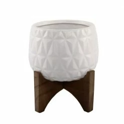 Flora Bunda 5 in. Matte White Kaleid Ceramic on Wood Stand Mid-Century Planter