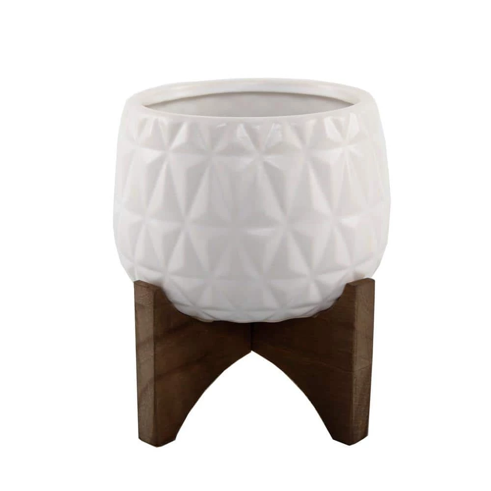 Flora Bunda 5 in. Matte White Kaleid Ceramic on Wood Stand Mid-Century Planter 3 Flora Bunda 5 in. Matte White Kaleid Ceramic on Wood Stand Mid-Century Planter