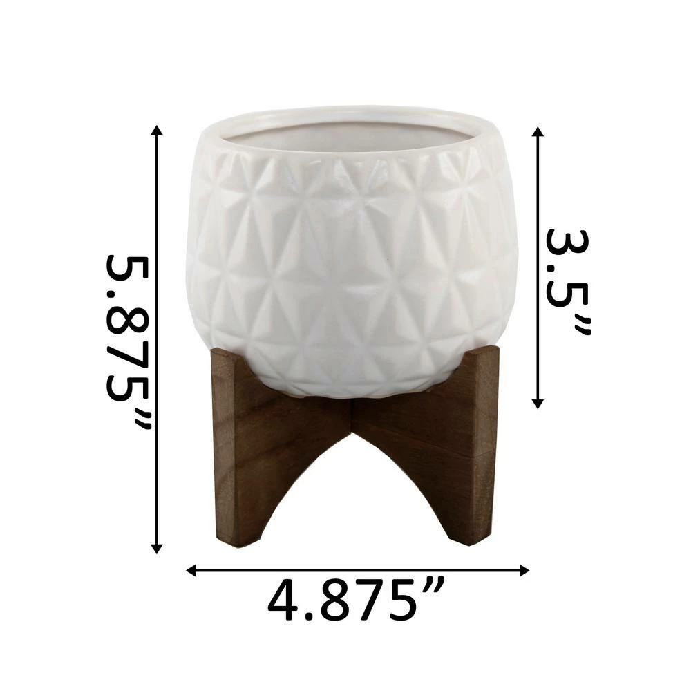 Flora Bunda 5 in. Matte White Kaleid Ceramic on Wood Stand Mid-Century Planter 4 Flora Bunda 5 in. Matte White Kaleid Ceramic on Wood Stand Mid-Century Planter - Image 2