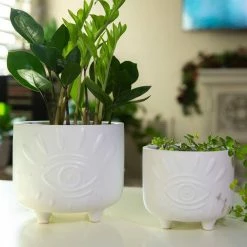 Flora Bunda 6 in. and 4.75 in. Matte White Evil Eye Ceramic Plant Pot with Legs (Set of 2) -US Flora Bunda Sales 2022 matte white flora bunda plant pots ct1423e2 mtwh 4f 1000