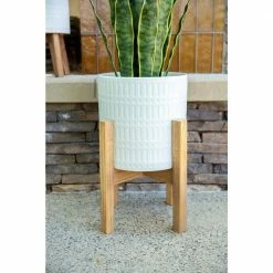 Flora Bunda 10 in. and 8 in. Matte White Ceramic Roman Planter on Wood Stand Mid-Century Planter (Set of 2) -US Flora Bunda Sales 2022 matte white flora bunda plant pots ct740e2 mtwh 1f 1000