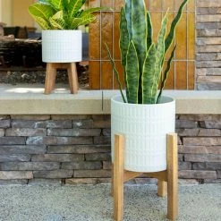 Flora Bunda 10 in. and 8 in. Matte White Ceramic Roman Planter on Wood Stand Mid-Century Planter (Set of 2) -US Flora Bunda Sales 2022 matte white flora bunda plant pots ct740e2 mtwh 40 1000