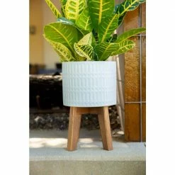 Flora Bunda 10 in. and 8 in. Matte White Ceramic Roman Planter on Wood Stand Mid-Century Planter (Set of 2) -US Flora Bunda Sales 2022 matte white flora bunda plant pots ct740e2 mtwh 44 1000