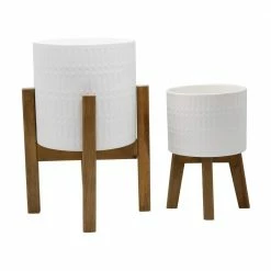 Flora Bunda 10 in. and 8 in. Matte White Ceramic Roman Planter on Wood Stand Mid-Century Planter (Set of 2)