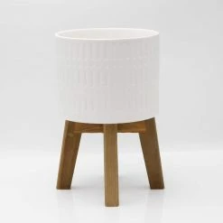 Flora Bunda 10 in. and 8 in. Matte White Ceramic Roman Planter on Wood Stand Mid-Century Planter (Set of 2) -US Flora Bunda Sales 2022 matte white flora bunda plant pots ct740e2 mtwh 76 1000