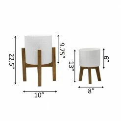 Flora Bunda 10 in. and 8 in. Matte White Ceramic Roman Planter on Wood Stand Mid-Century Planter (Set of 2) -US Flora Bunda Sales 2022 matte white flora bunda plant pots ct740e2 mtwh c3 1000