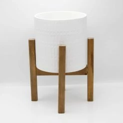 Flora Bunda 10 in. and 8 in. Matte White Ceramic Roman Planter on Wood Stand Mid-Century Planter (Set of 2) -US Flora Bunda Sales 2022 matte white flora bunda plant pots ct740e2 mtwh fa 1000