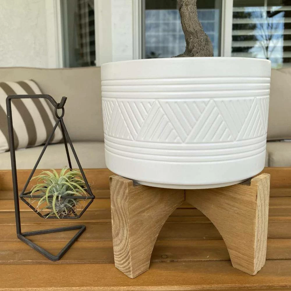 Flora Bunda 7 in. Matte White Mountain Ceramic Pot on Wood Stand Mid-Century Planter 5 Flora Bunda 7 in. Matte White Mountain Ceramic Pot on Wood Stand Mid-Century Planter - Image 3