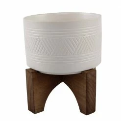 Flora Bunda 7 in. Matte White Mountain Ceramic Pot on Wood Stand Mid-Century Planter