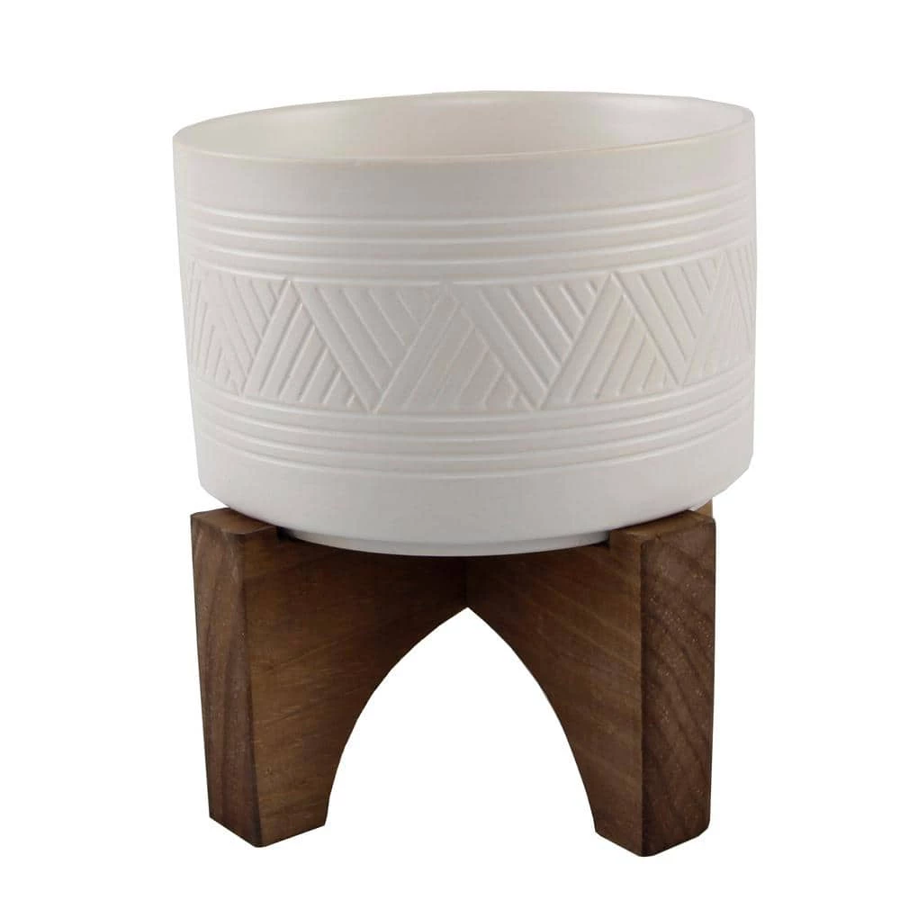Flora Bunda 7 in. Matte White Mountain Ceramic Pot on Wood Stand Mid-Century Planter 3 Flora Bunda 7 in. Matte White Mountain Ceramic Pot on Wood Stand Mid-Century Planter