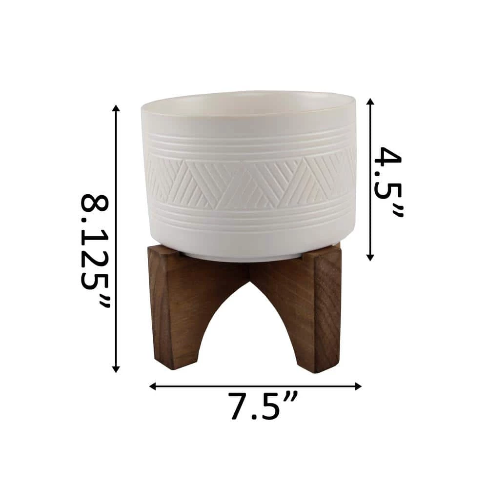 Flora Bunda 7 in. Matte White Mountain Ceramic Pot on Wood Stand Mid-Century Planter 4 Flora Bunda 7 in. Matte White Mountain Ceramic Pot on Wood Stand Mid-Century Planter - Image 2